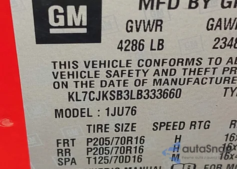 2020 Chevrolet Trax Ls z USA, uszkodzony, nr VIN KL7CJKSB3LB333660